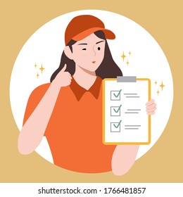 portrait of Happy Female delivery service with clipboard showing thumb up vector illustration. Fast, free Delivery transport, Online shopping, Express and successful delivery concept