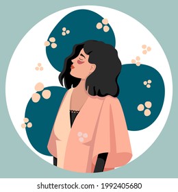 Portrait of a happy girl. Beautiful young woman in a robe or kimono. Face, facial skin care, eye patches. Smiling female character enjoying life.Vector illustration. 