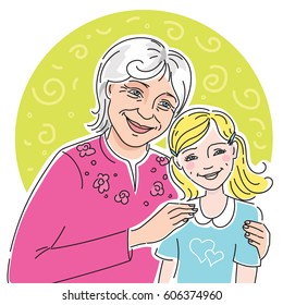 Portrait of a happy grandmother with her granddaughter. Vector illustration isolated on white.