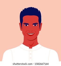 Portrait of a happy guy. Avatar of a smiling young man. Vector flat illustration