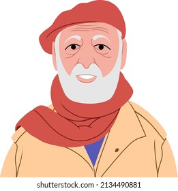 Portrait of happy and handsome bearded senior man in red beret. Flat vector illustration.