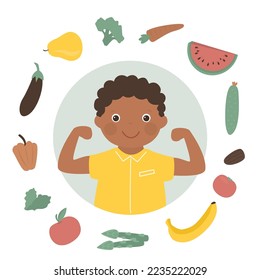 Retrato de feliz niño sano, nutrición adecuada. Íconos de verduras y mezclas de frutas. Alimentos que contienen muchas vitaminas útiles, nutrición para el organismo de cultivo, infografía. Fuerte niño afroamericano. vector