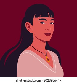 Portrait of a happy Hispanic woman in half-turn. Avatar for social networks. Vector illustration in flat style.