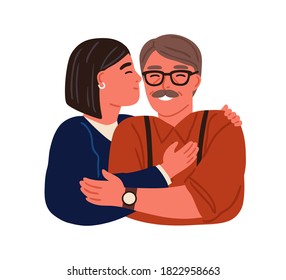 Portrait of happy hugging daughter and father vector flat illustration. Smiling teen and parent embracing feeling love to each other isolated. Family relationship of dad and female adolescent