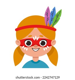 Portrait of happy Indian with feathers in hair in superhero painting or creative makeup. Children face with colorful painting cartoon illustration. Party, entertainment concept