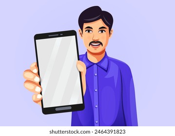 Portrait of a happy Indian man raising his hand to show a smartphone with an empty display to put an advertisement