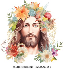 Portrait of happy Jesus Christ. Messiah, God symbol Christianity. Cartoon vector illustration