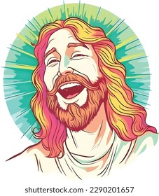 Portrait of happy Jesus Christ. Messiah, God symbol Christianity. Cartoon vector illustration