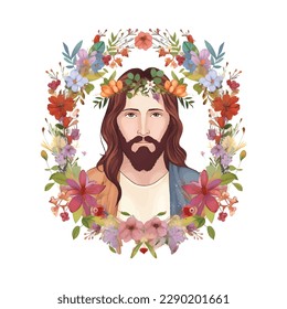 Portrait of happy Jesus Christ. Messiah, God symbol Christianity. Cartoon vector illustration