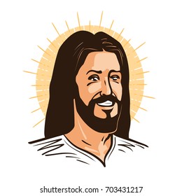 Portrait of happy Jesus Christ. Messiah, God symbol Christianity. Cartoon vector illustration