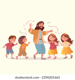 Portrait of happy Jesus and kids. Messiah, God symbol Christianity. Cartoon vector illustration