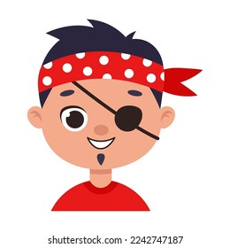 Portrait of happy kid with brave pirate with an eye patch painting or creative makeup. Children face with colorful painting cartoon illustration. Party, entertainment concept