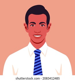 Portrait of a happy Latin American man with necktie. Avatar of laughing businessman for social media. Vector illustration in flat style.