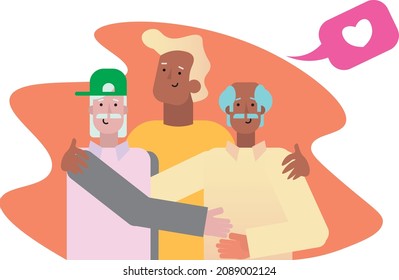 Portrait of happy LGBTQ+ family hugging each other. Adult man embracing mature gay parents or grandparents isolated on white background. Parents with child. Vector illustration in flat style.