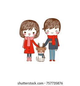 Portrait of happy lovely young couple. Cute boy and girl in winter clothes smiling and standing with their dog. Isolated on white background. Flat design. Colored vector illustration.