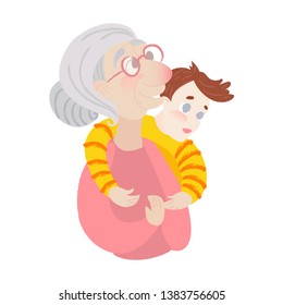 Portrait of happy loving grandmother  hugging grandson. Adorable cartoon characters. Colorful vector illustration in flat style 