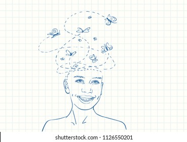 Portrait of happy magic dreaming girl with butterflies flying out from her head, Blue pen sketch on square grid notebook page, Hand drawn vector illustration