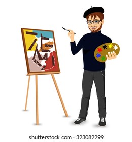 portrait of  happy male painter artist with glasses and mustache smiling and painting with colorful palette standing near easel