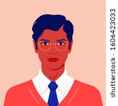 Portrait of a happy man. Avatar of a guy for social network. Colorful portrait. Student of the university. Vector flat illustration