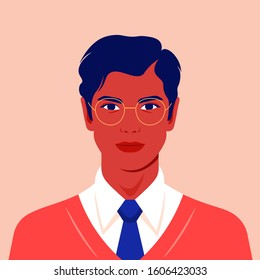 Portrait of a happy man. Avatar of a guy for social network. Colorful portrait. Student of the university. Vector flat illustration