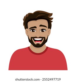 Portrait of a happy man with a beard vector illustration. Smiling bearded man icon isolated on a white background. Cheerful handsome young guy with brown hair cartoon style