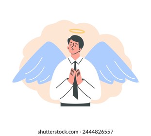 Portrait of a happy man in a business suit with angel wings and a halo. Vector illustration of a waist-high character on a background in a flat style. Concept of a bad or good person.