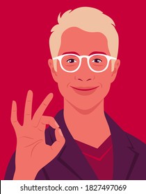 Portrait of a happy man makes an okay gesture and wearing in a business suit. Office professions. Vector flat illustration