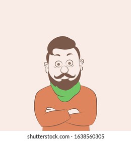 Portrait of happy man with a mustache and beard,hipster crossing hands.Vector illustration in cartoon style.