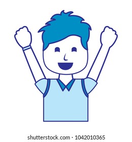 portrait happy man with vest clothes raised hands