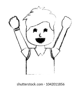 portrait happy man with vest clothes raised hands