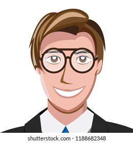 Portrait of happy man wearing thick spectacles and looking at camera. Vector illustration
