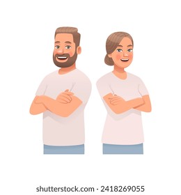 Portrait of a happy man and woman together, a couple of young people on a white background. Vector illustration in cartoon style