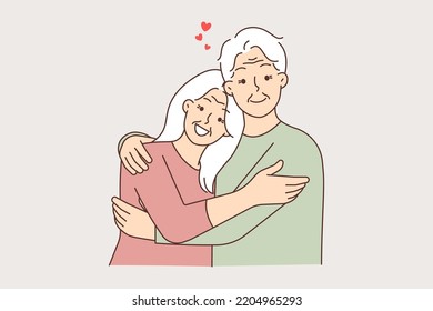 Portrait of happy mature couple hugging showing love and care. Smiling elderly man and woman embracing and cuddling. Old people relationships. Vector illustration. 