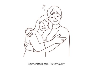 Portrait of happy mature couple hugging showing love and care. Smiling elderly man and woman embracing and cuddling. Old people relationships. Vector illustration. 