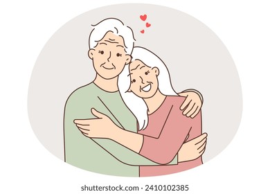 Portrait of happy mature couple hugging showing love and care. Smiling elderly man and woman embracing and cuddling. Old people relationships. Vector illustration.