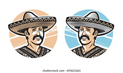 Portrait of happy Mexican with a sombrero, logo or label. Vector illustration