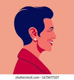 Portrait Of A Happy Middle-aged Woman. Face Profile. Office Professions. Avatar. Vector Flat Illustration