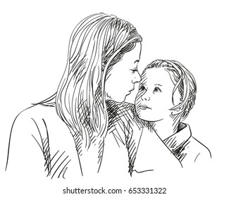 Portrait happy mother   daughter looking at each other  Vector sketch isolated white  Hand drawn line art illustration