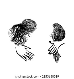 Portrait of happy mother and two child. Vector sketch isolated on white, Hand drawn line art illustration