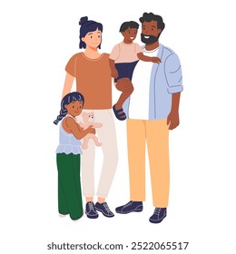 Portrait of happy multiracial family with asian mom, african dad and son. Mixed race parents with child. Biracial mother and father with kid. Flat vector illustration isolated on white background