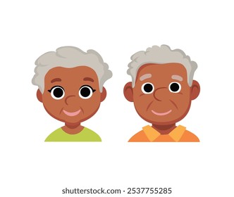 Retrato de feliz viejo afroamericano, pareja mayor africana, abuelos juntos. Un hombre y una mujer mayores. Dos personas mayores Familiares generaciones abuelo. Vector aislado ilustración. Plano 