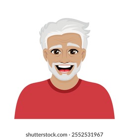 Retrato de um velho feliz com uma ilustração de vetor de barba. Ícone de homem idoso barbudo sorridente isolado em um fundo branco. Alegre cara bonito velho com cabelo cinza estilo cartoon