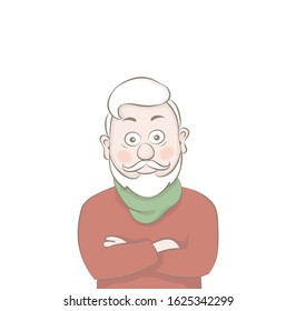 Portrait of happy old man with a mustache and beard,hipster crossing hands.Vector illustration in cartoon style.