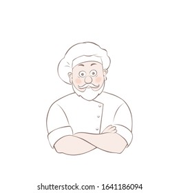 Portrait of happy old man with a mustache and beard,cook crossing hands.Vector illustration in cartoon style.