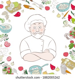 Portrait of happy old man with a mustache and beard.Cook crossing hands on the background of cooking.Vector illustration in cartoon style.