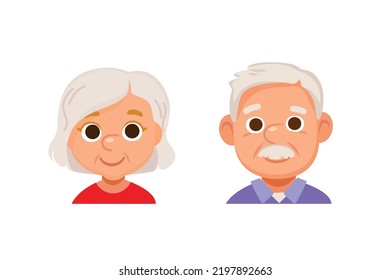 Retrato de feliz pareja de ancianos, abuelos juntos. Hombre mayor y mujer. Dos ancianos parientes generaciones abuela abuelo. Ilustración aislada del vector. Diseño plano.