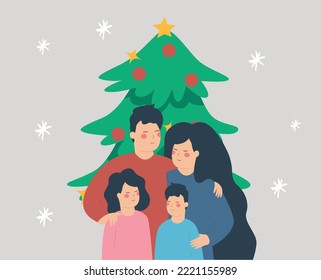Portrait of Happy parents hug their children in front of their Christmas tree. Couple or parents embrace their kids at Christmas party. Family celebration, Merry Christmas and new year concept.