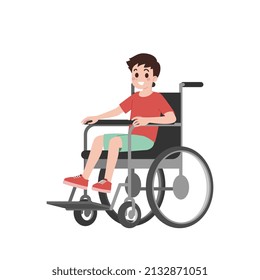 Portrait of a happy patient young boy who is sitting comfortable and taken a good service in a wheelchair on a white background. Cartoon character vector illustration in a flat style.
