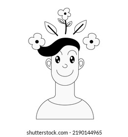portrait of a happy person in the style of cartoons from the 90s. The concept of mental health. Image of a man surrounded by flowers