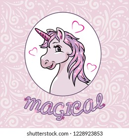 Portrait of a happy pink unicorn for scrapbook design. Vector